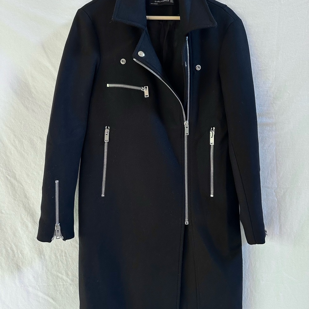 Zara Black Wool Trench Coat with Silver Zippers